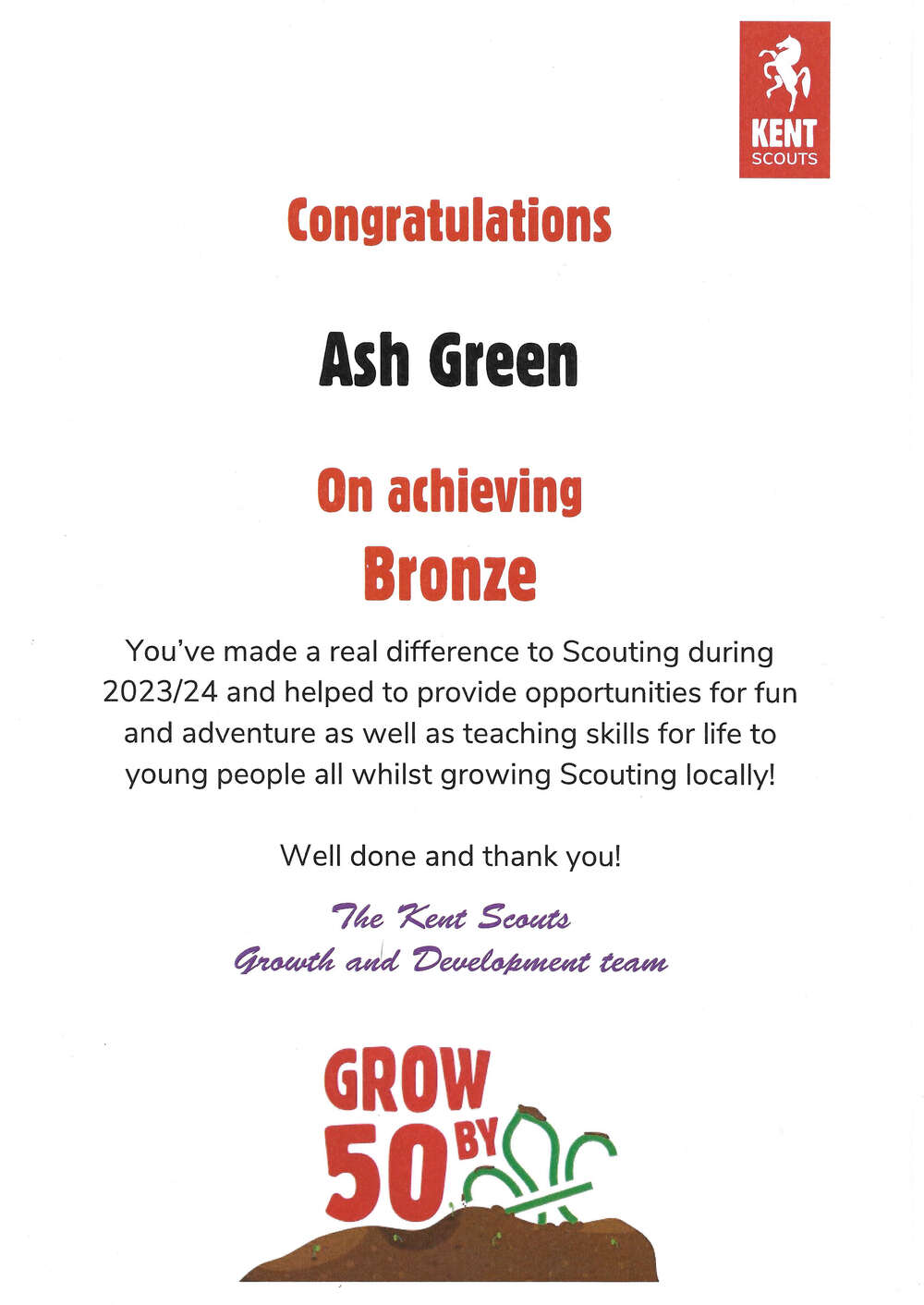Ash Green are Kent Scout Winners